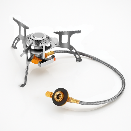 Portable camping stove with gas connection on a white background
