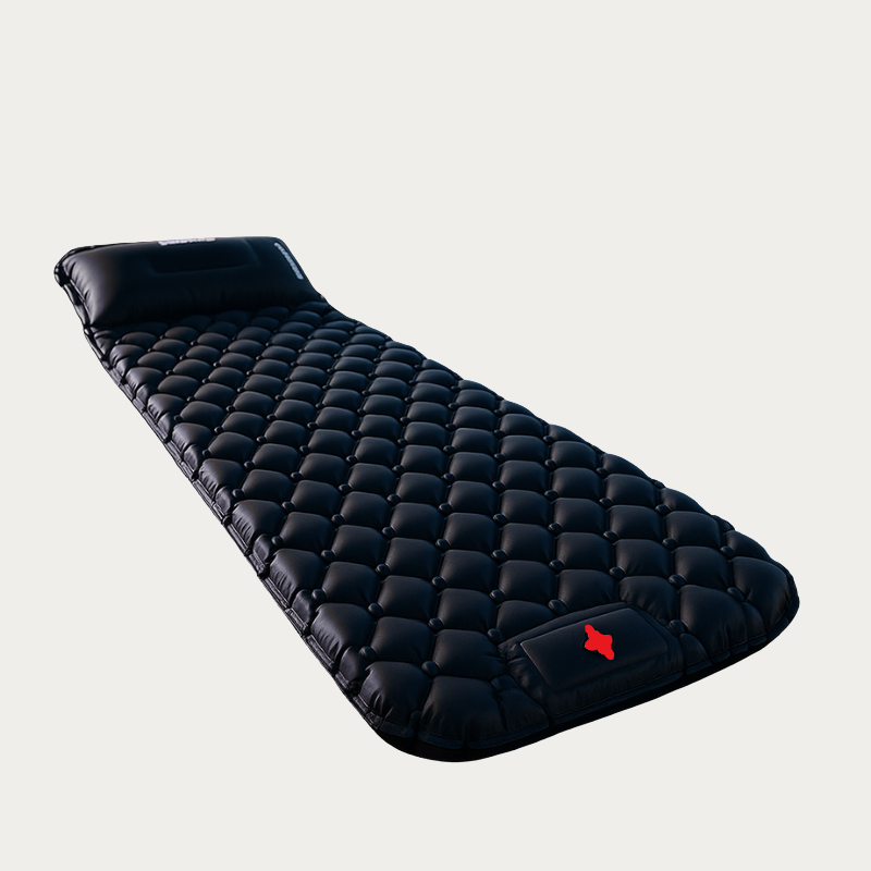 Black inflatable sleeping pad on a light gray background
