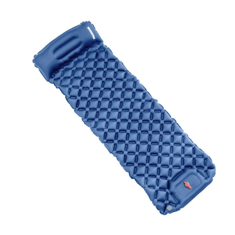 Dark blue inflatable sleeping pad with carrying bag on a white background