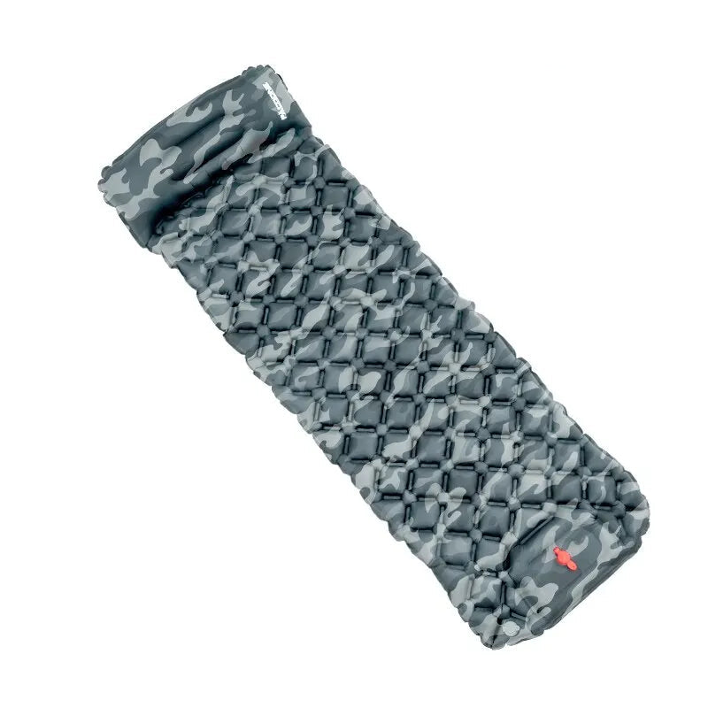 Camouflage-patterned inflatable sleeping pad with carrying pouch on a white background
