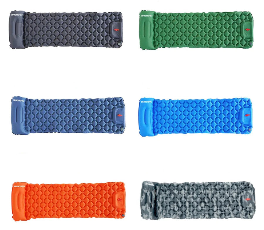 Color display of sleeping pads in various colors on a white background