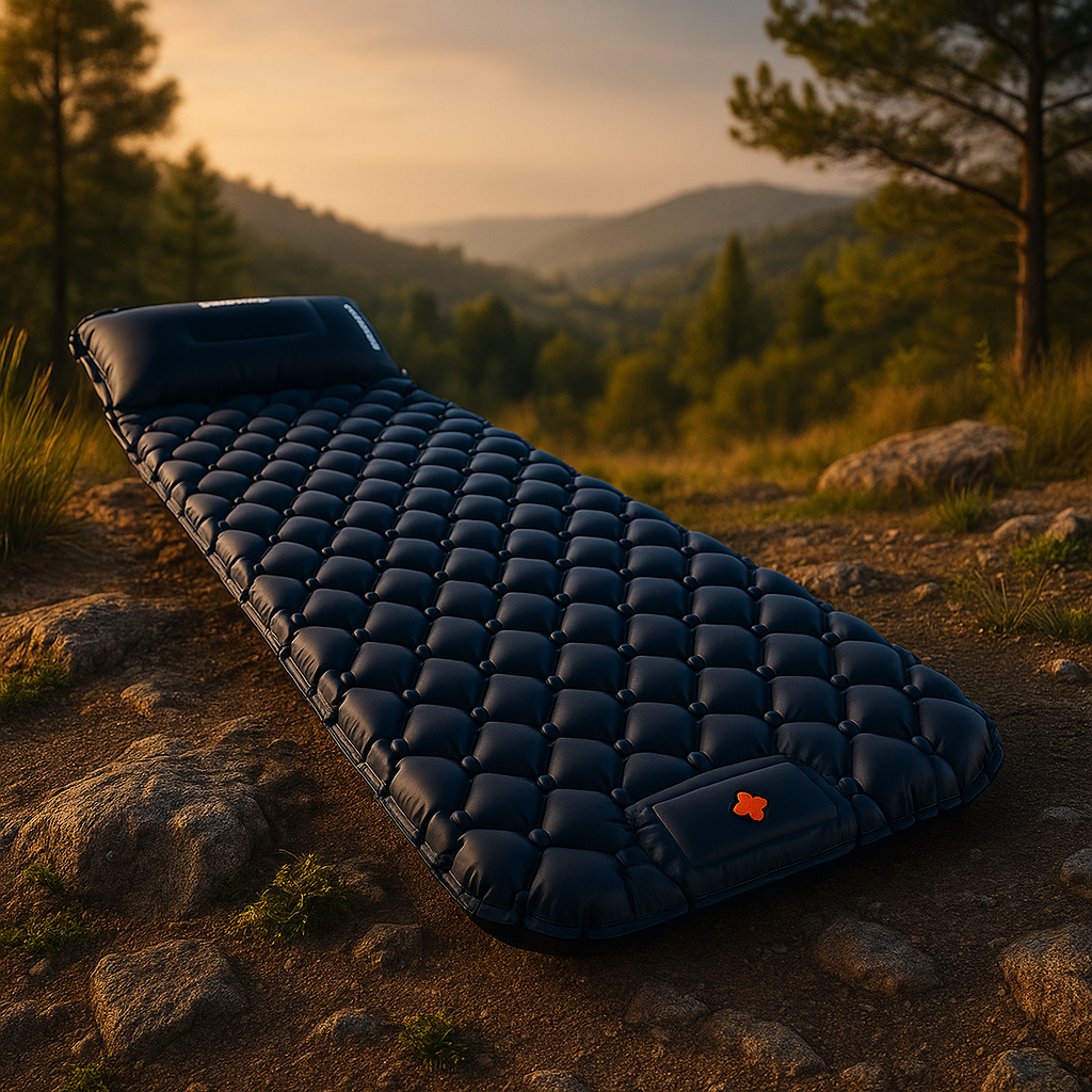 Black inflatable camping mattress on a rocky ground with a scenic mountain background