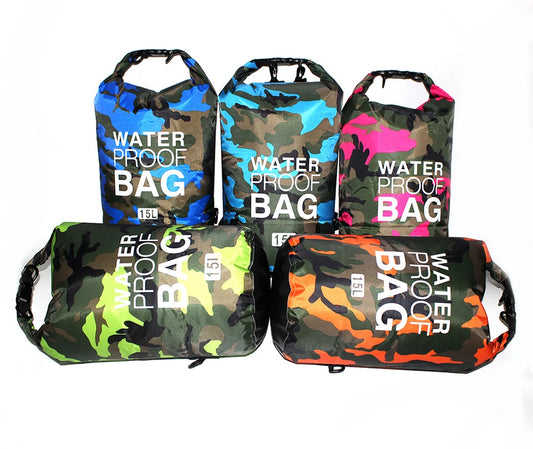 Set of five camouflage-patterned waterproof bags with 'Waterproof Bag' text on a white background