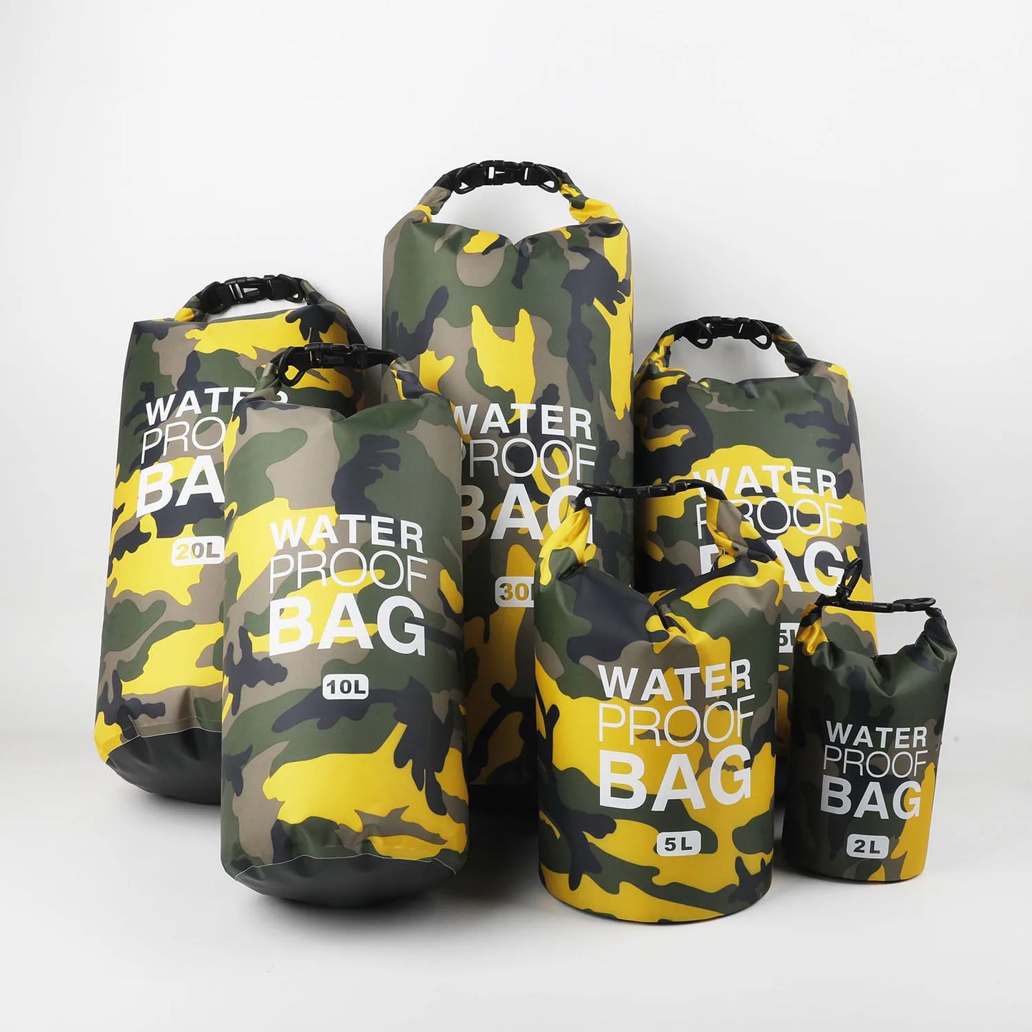 Set of camouflage-patterned waterproof bags with visible capacities on a white background