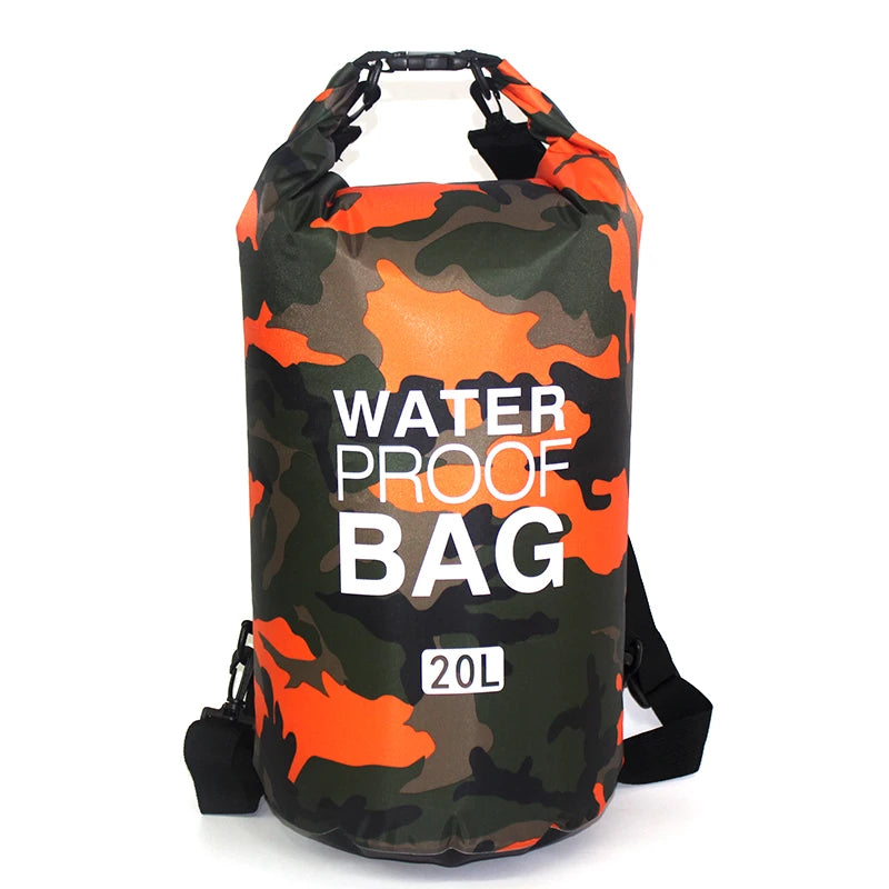 Camouflage-patterned waterproof bag with 'Waterproof Bag' text on a white background