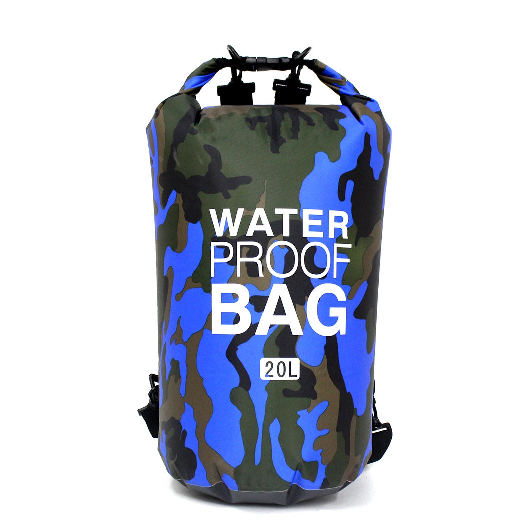 Camouflage-patterned waterproof bag with 'Waterproof Bag' text on a white background