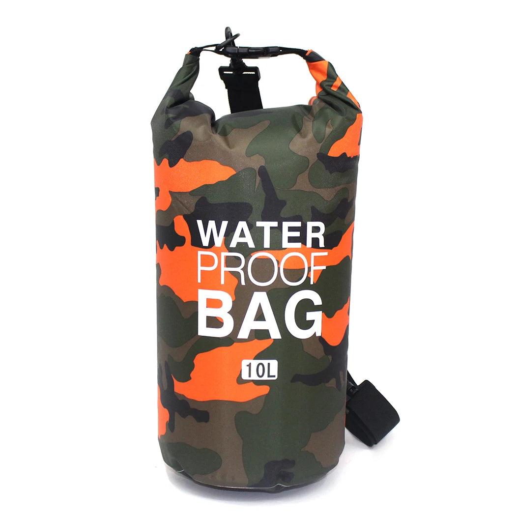Camouflage-patterned waterproof bag with 'Waterproof Bag' text on a white background
