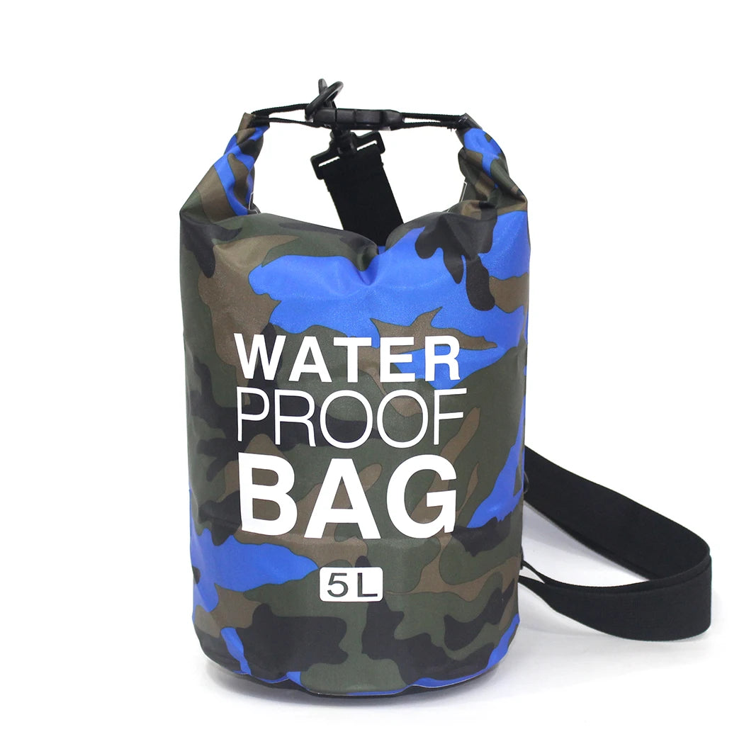 Camouflage-patterned waterproof bag with 'Waterproof Bag' text on a white background