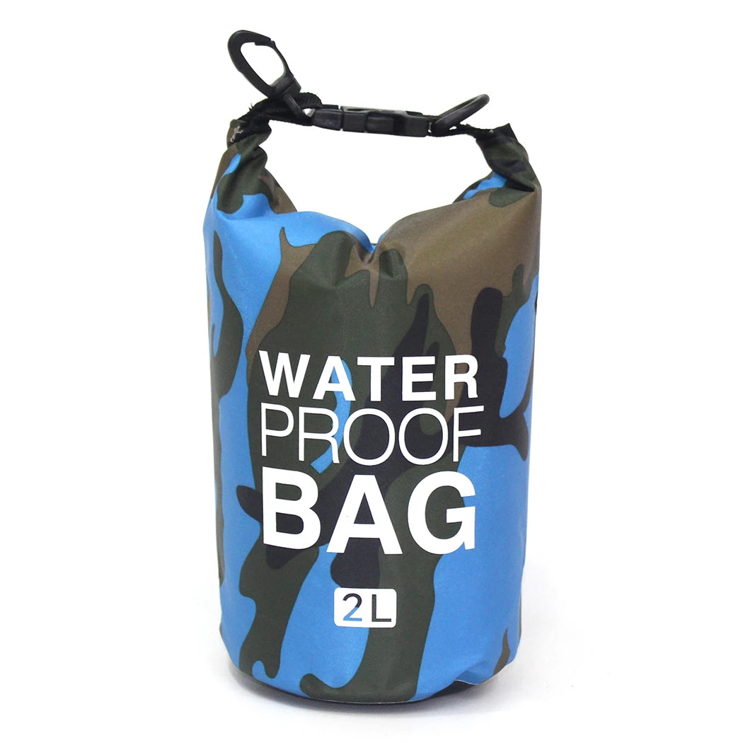 Camouflage-patterned waterproof bag with 'Waterproof Bag' text on a white background