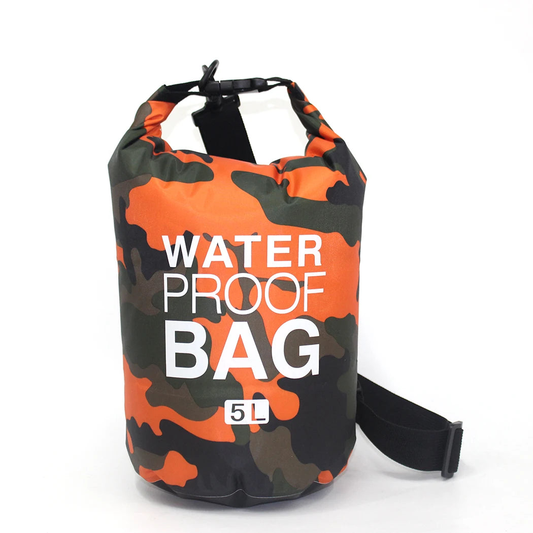 Camouflage-patterned waterproof bag with 'Waterproof Bag 5L' text on a white background