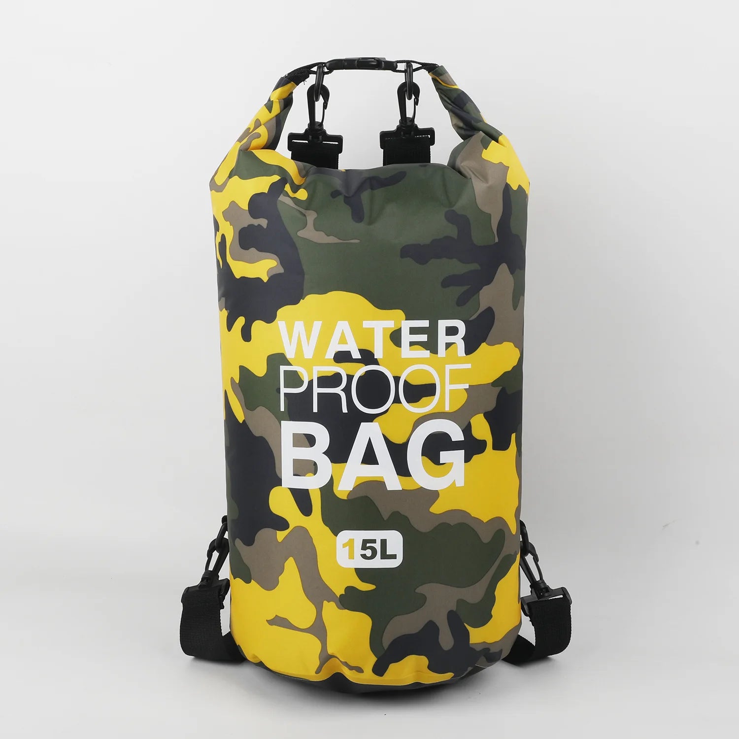 Camouflage-patterned waterproof bag with 'Waterproof Bag' text on a white background