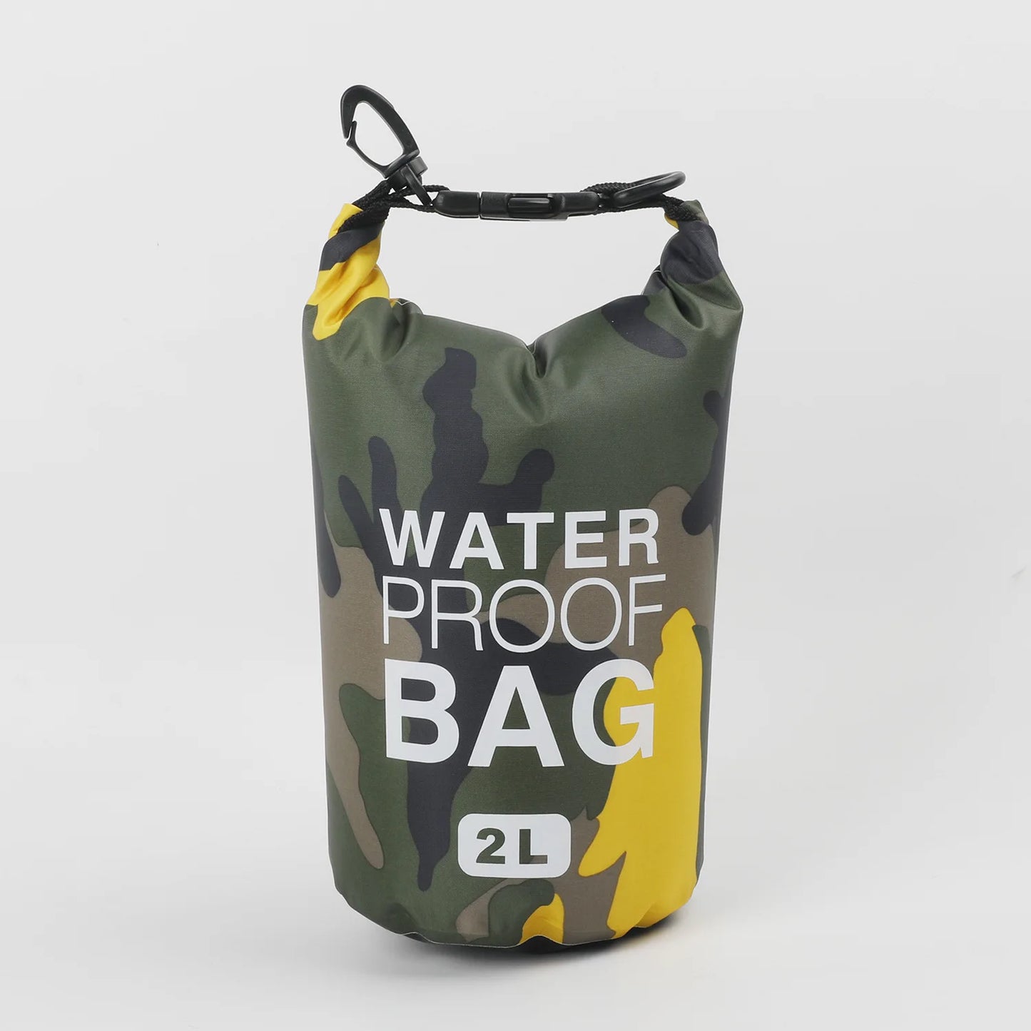 Camouflage-patterned waterproof bag with yellow accents on a light gray background