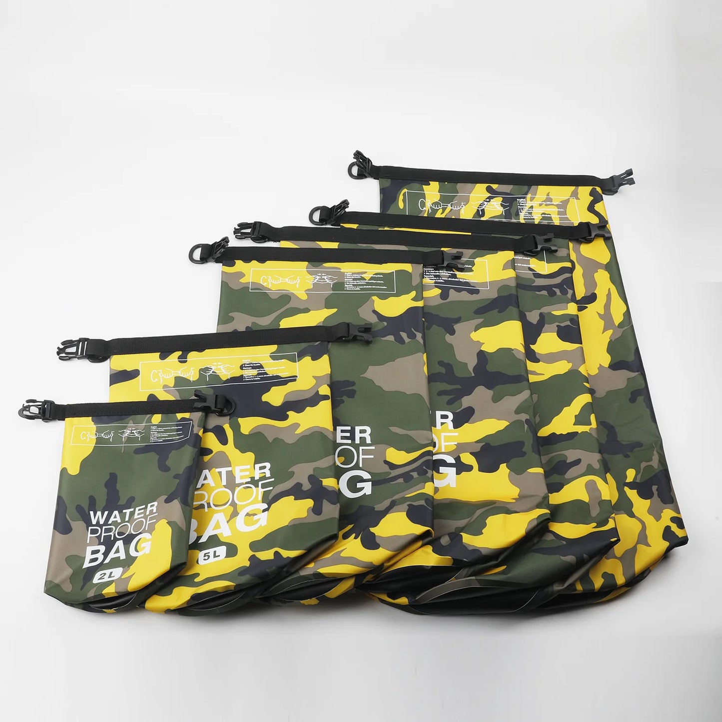 Set of camouflage-patterned waterproof bags with visible branding on a white background