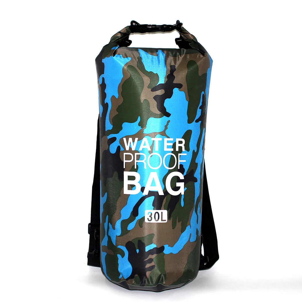 Camouflage-patterned waterproof bag with 'Waterproof Bag' text on a white background