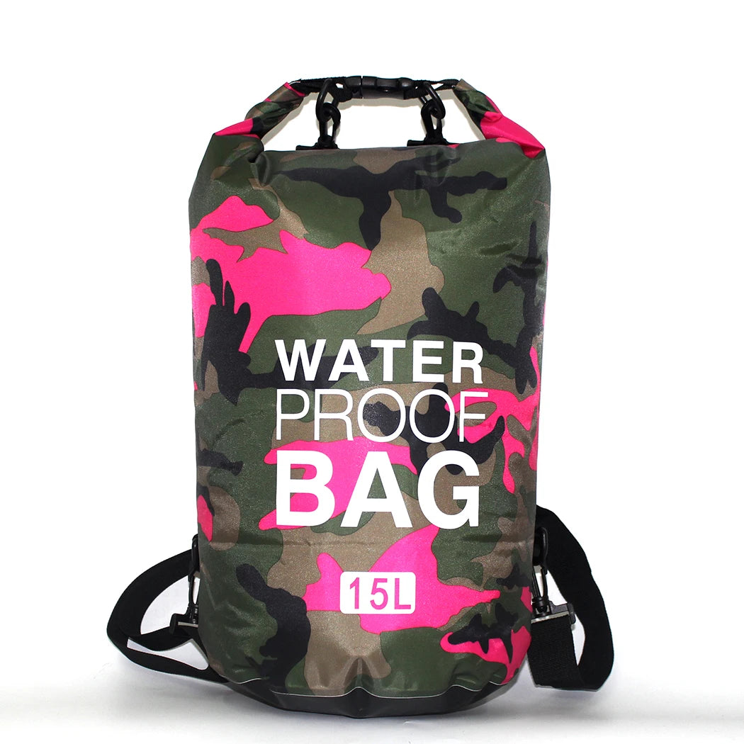 Camouflage waterproof bag with pink accents and 'Waterproof Bag' text on a white background