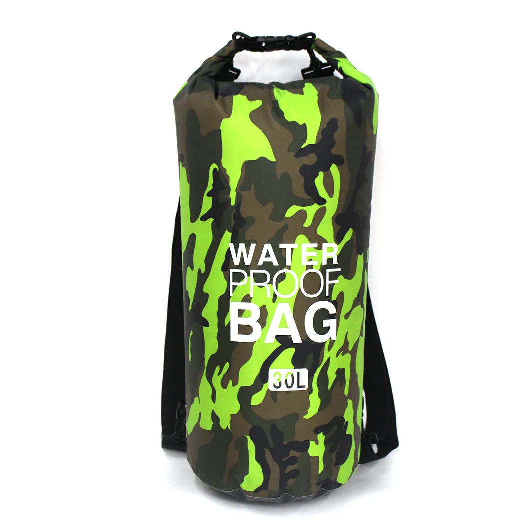 Camouflage-patterned waterproof bag with green accents on a white background
