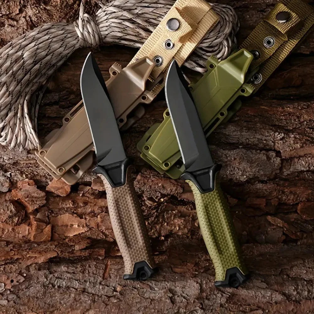 Two edc survival knives with different sheathes on a wooden surface