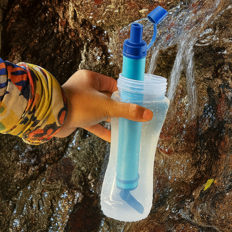 Person using a water filter bottle in a natural setting with water flowing.