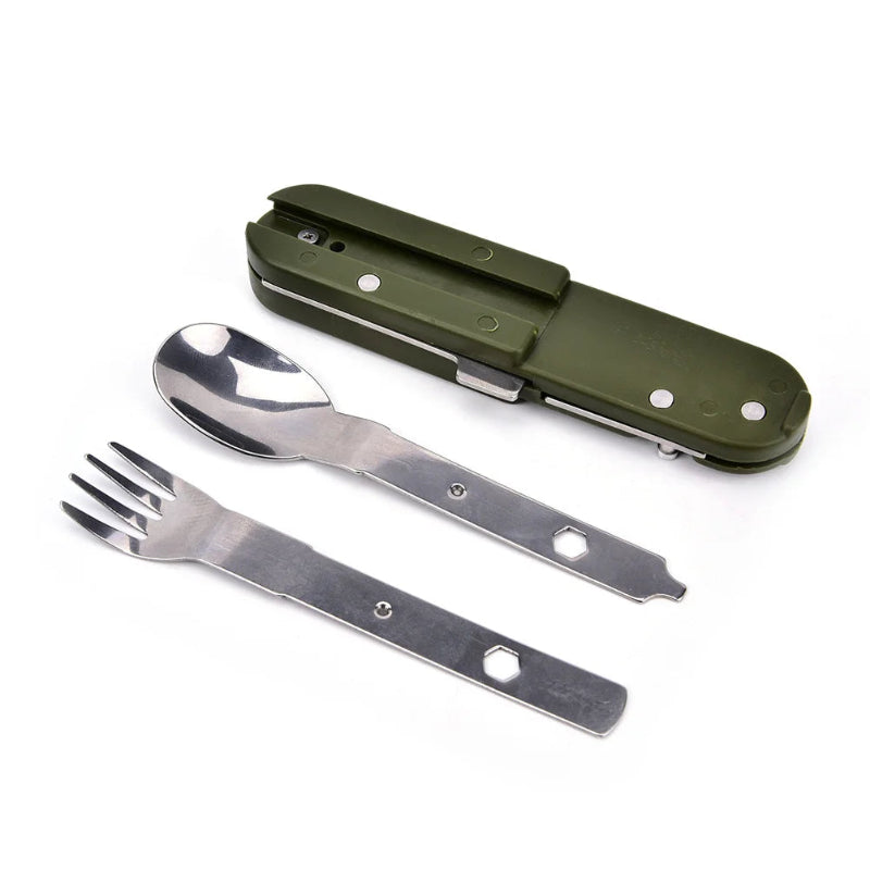 Set of silver CAMPING utensils with a green case on a white background