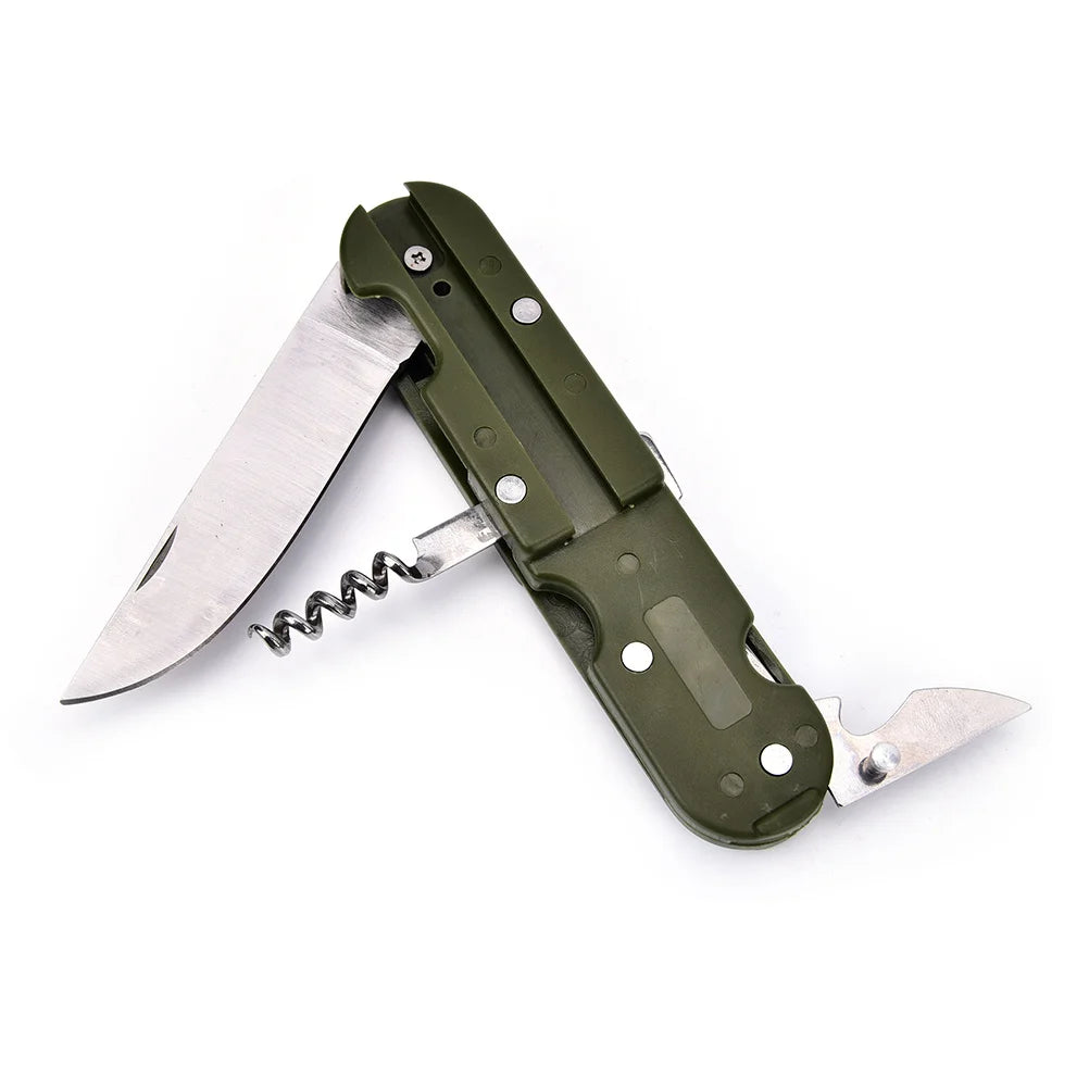 Multitool with knife, bottle opener, and corkscrew on a white background