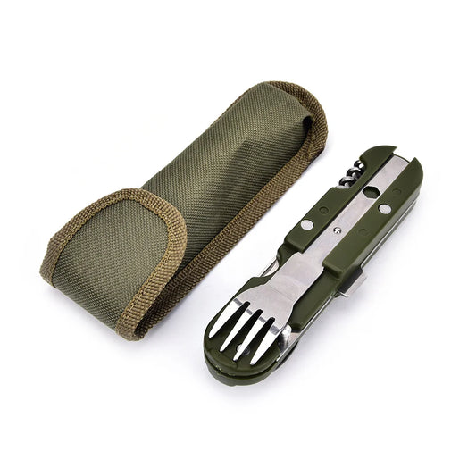 Green outdoor utensil set with carrying case on a white background