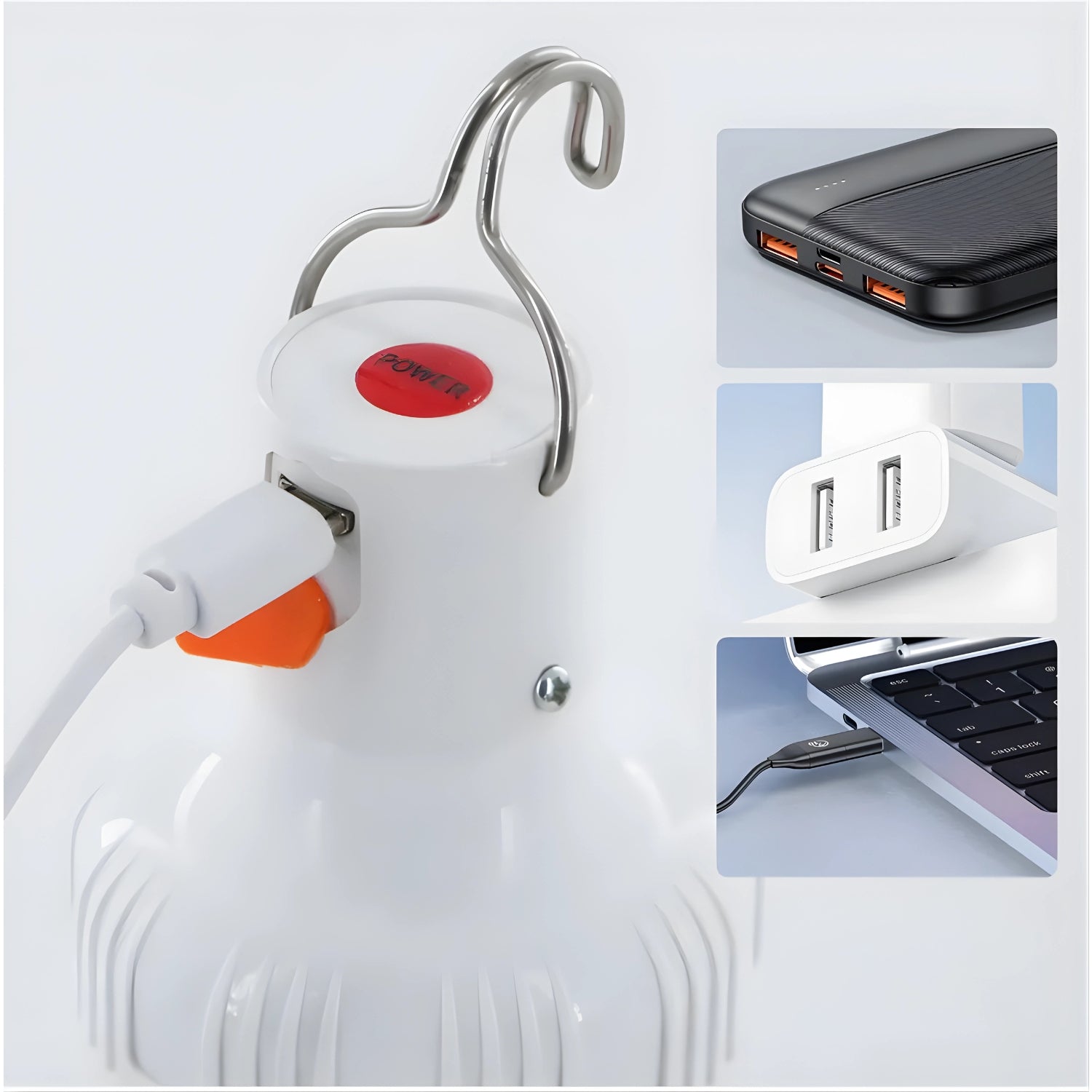 White power adapter with red button on a white background, with insets showing USB ports and a laptop.