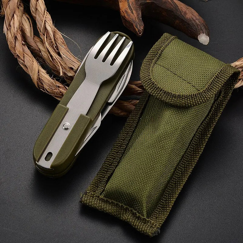 Outdoor utensil set with knife, fork, and spoon in a green case on a dark surface.