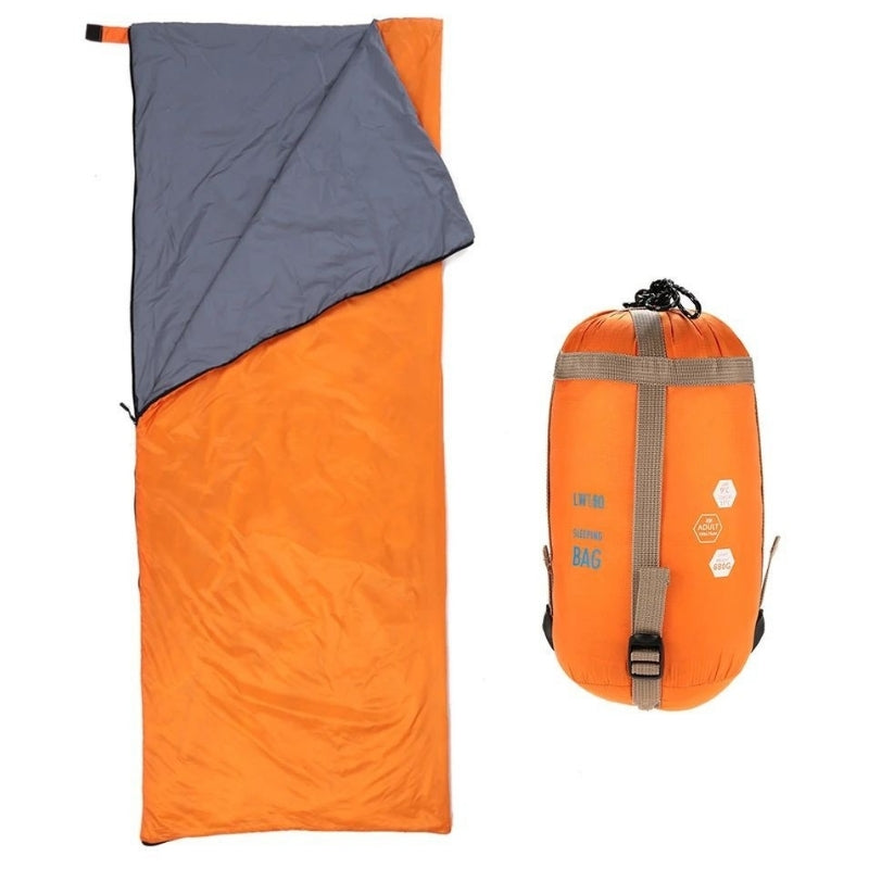Ultralight sleeping bag in orange shown open and compressed side by side