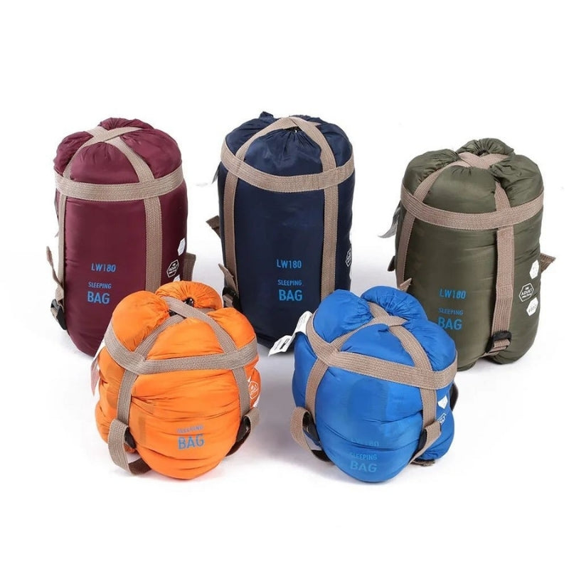 680g ultralight sleeping bag in all five colours compressed side by side
