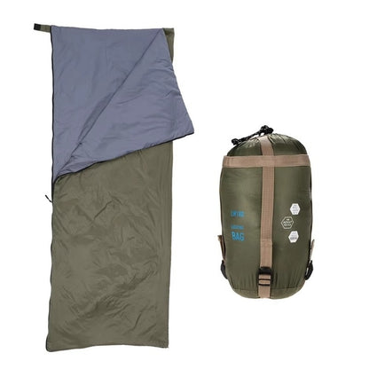 Ultralight sleeping bag in army green shown open and compressed side by side