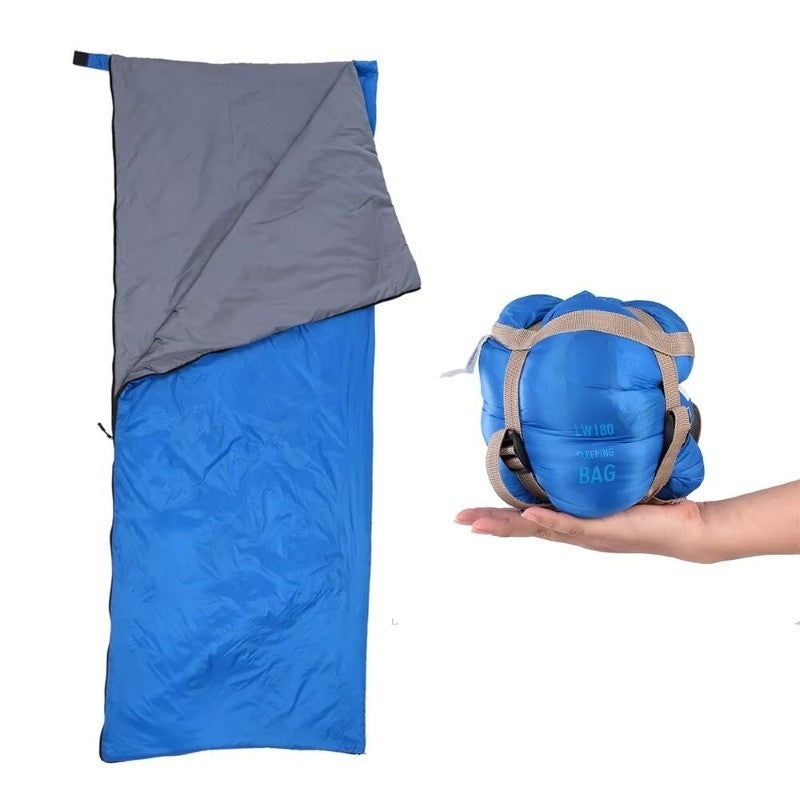 Ultralight sleeping bag in blue shown open and compressed side by side