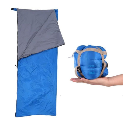 Ultralight sleeping bag in blue shown open and compressed side by side