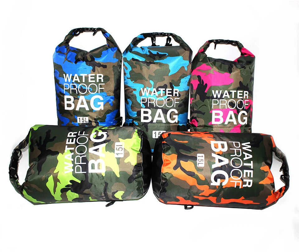 Set of five camouflage-patterned waterproof bags with 'Waterproof Bag' text on a white background
