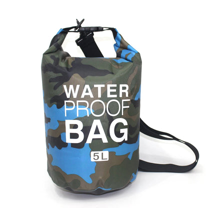 Camouflage waterproof bag with 'Waterproof Bag' text on a white background