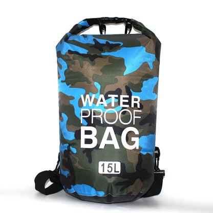 Camouflage-patterned waterproof bag with 'Waterproof Bag' text and size label on a white background