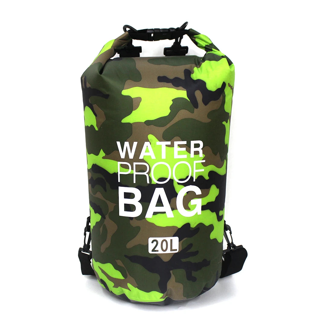 Camouflage-patterned waterproof bag with 'Waterproof Bag' text on a white background