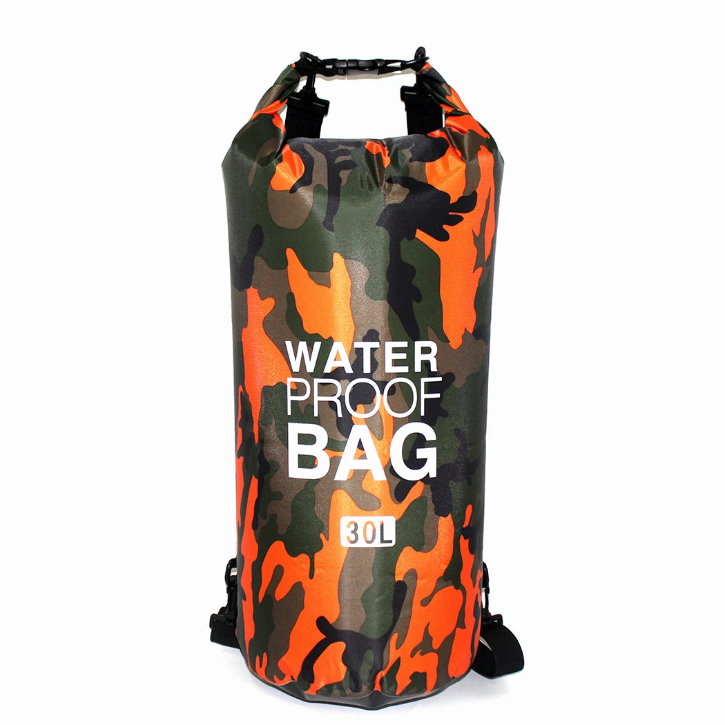 Camouflage-patterned waterproof bag with 'Waterproof Bag' text on a white background