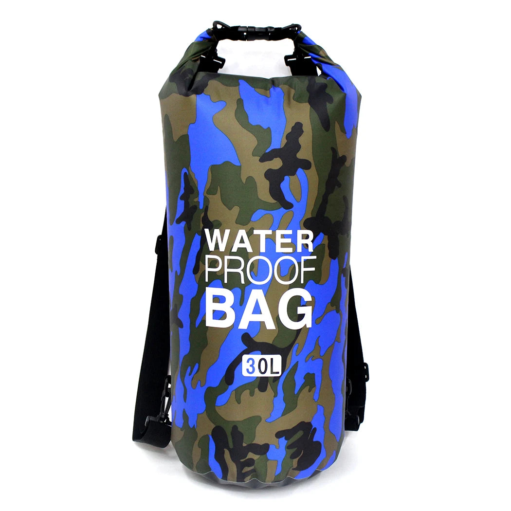 Camouflage waterproof bag with blue accents on a white background
