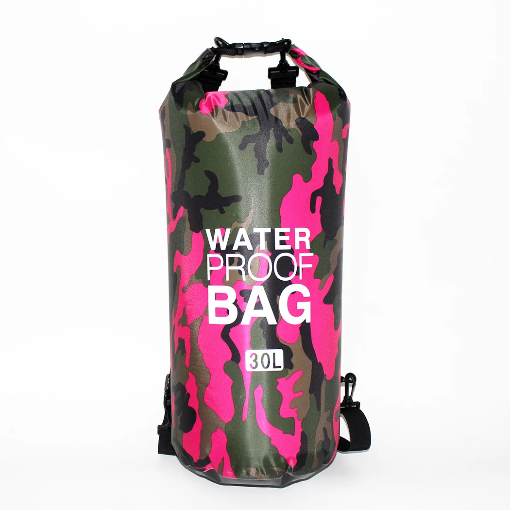 Camouflage-patterned waterproof bag with pink accents on a white background