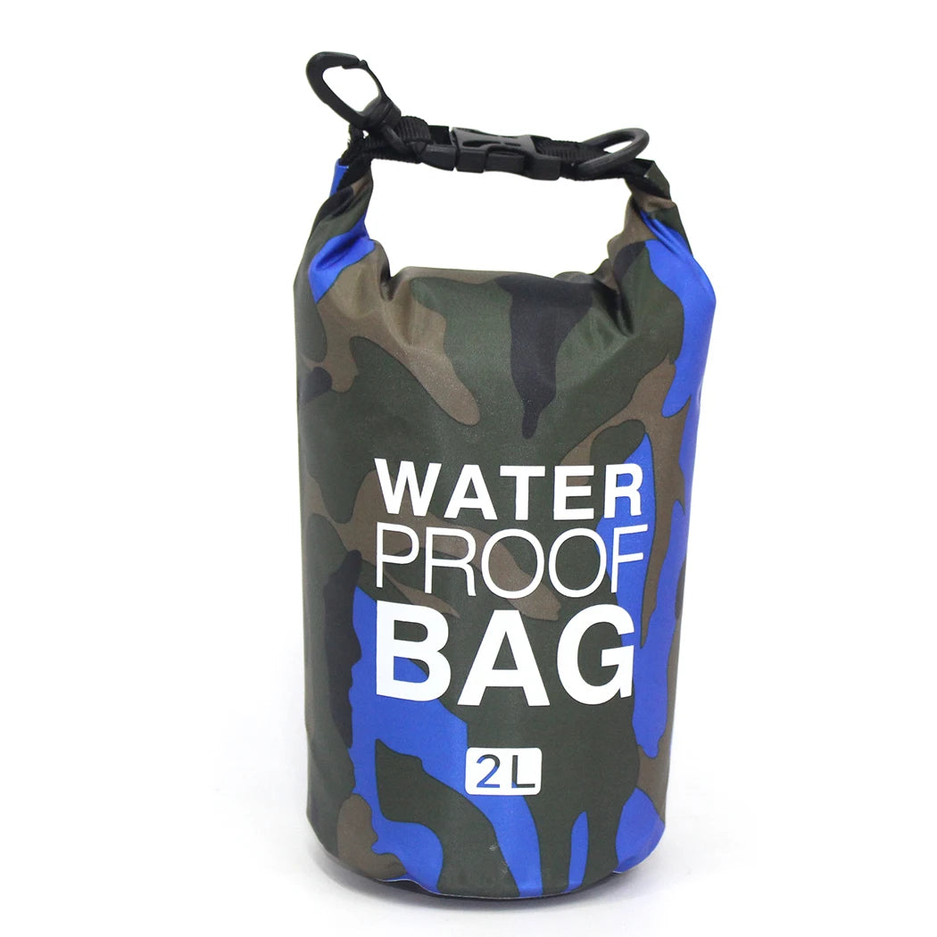 Camouflage waterproof bag with blue accents and 'Waterproof Bag' text on a white background