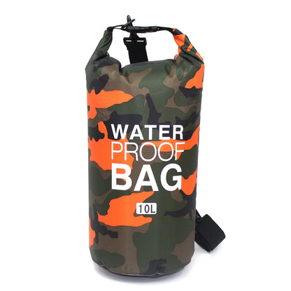 Camouflage-patterned waterproof bag with 'Waterproof Bag' text on a white background