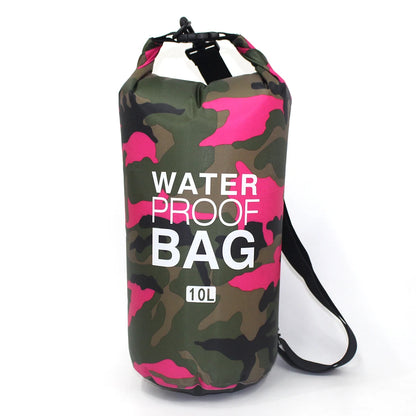 Camouflage waterproof bag with pink accents on a white background