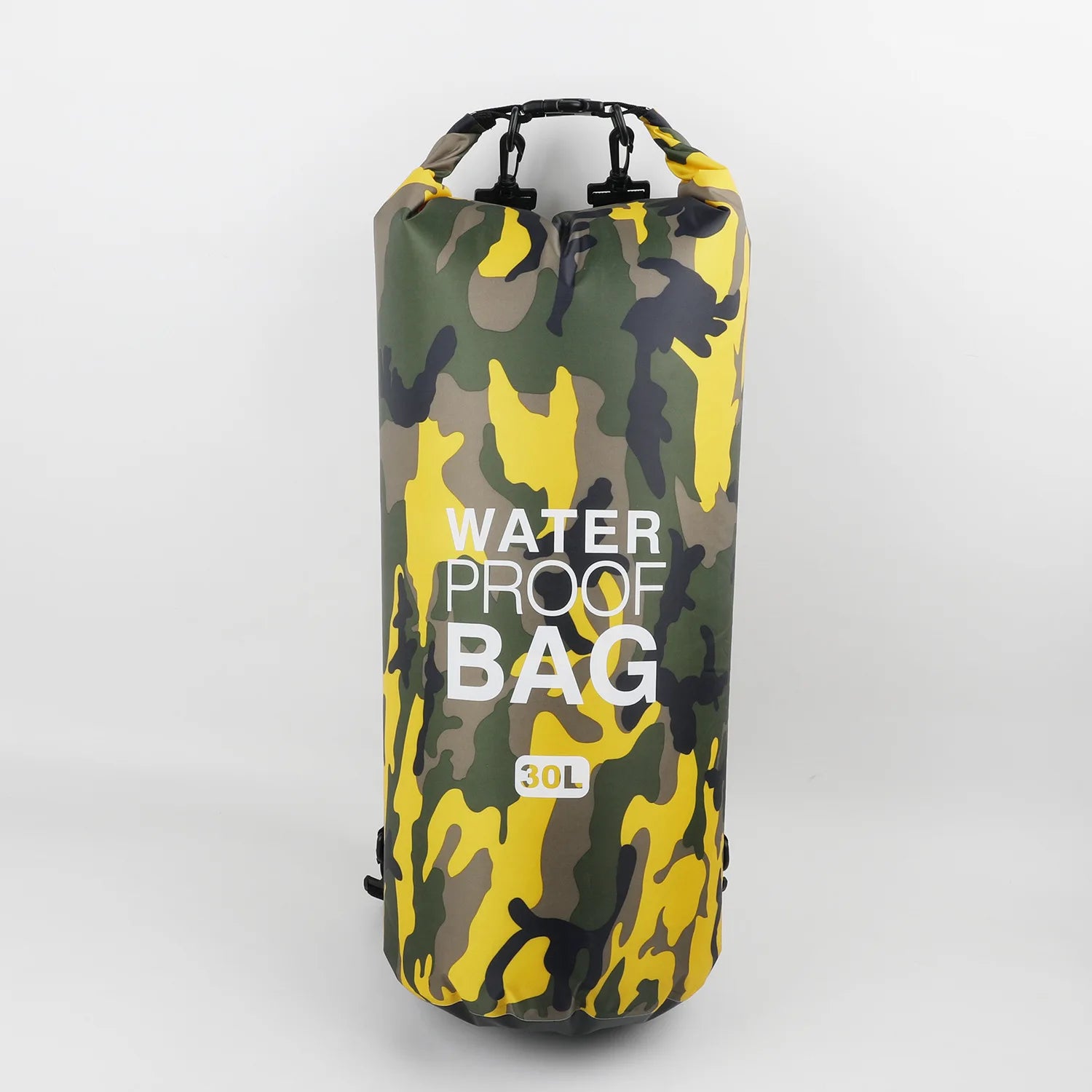 Camouflage-patterned waterproof bag with 'Waterproof Bag' text on a white background