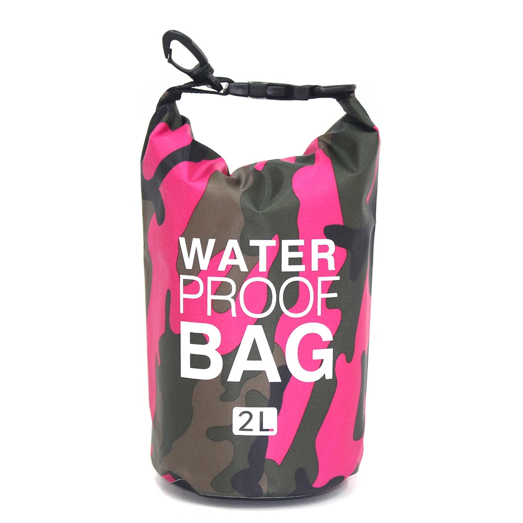 Waterproof bag with pink and black camouflage pattern on a white background
