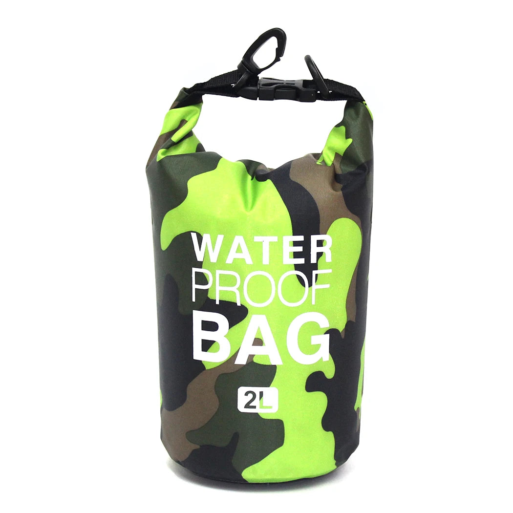 Camouflage-patterned waterproof bag with green accents on a white background