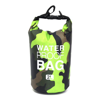 Camouflage-patterned waterproof bag with green accents on a white background