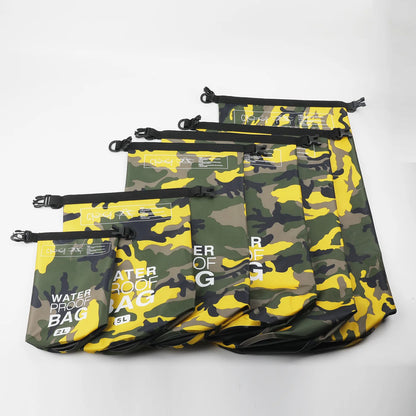 Set of camouflage-patterned waterproof bags with visible branding on a white background