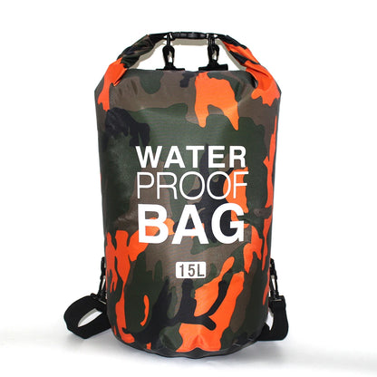 Camouflage-patterned waterproof bag with 'Waterproof Bag' text on a white background
