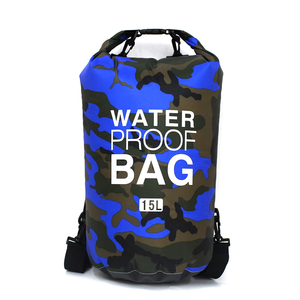 Camouflage-patterned waterproof bag with 'Waterproof Bag' text on a white background