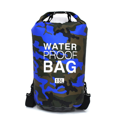 Camouflage-patterned waterproof bag with 'Waterproof Bag' text on a white background